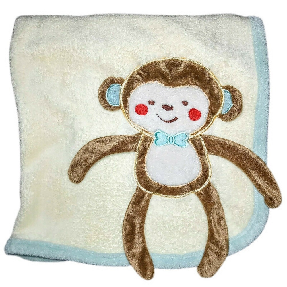 SUNGLY BABY Yellow‎ 3D MONKEY Blanket Lovey Fleece Green Trim SOFT 30x33